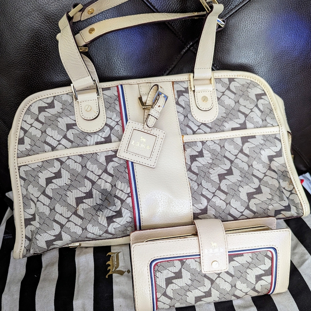 L.A.M.B leather and canvas bag and wallet set